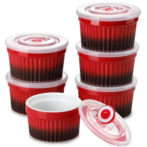 Image of vancasso 8 oz Ramekins with Lids, Souffle Dishes Set of 6, 10.1cm Porcelain Creme Brulee Ramekins, Baking Cups for Pudding, Fruits, Dips, Dishwasher and Oven Safe, Red