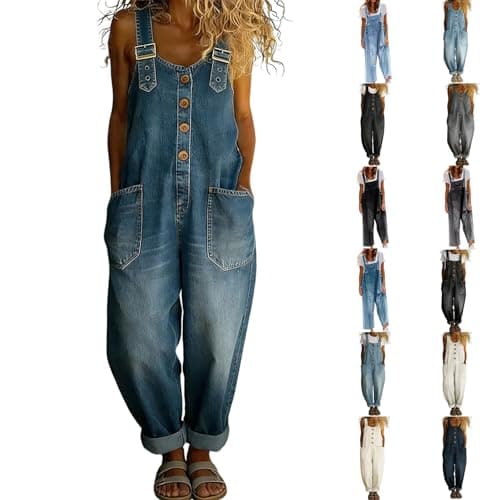 Image of Denim Dungarees for Women UK Womens Jumpsuits Summer Baggy Straight Leg Stretch Bib Sleeveless Overalls Vintage Adjustable Straps Plus Size Work Jump Suit with Pockets Blue L