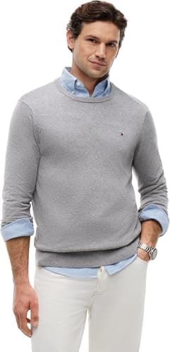Image of Tommy Hilfiger Men’s Essential Cotton Crew Neck Jumper, Grey (Medium Grey Heather), L