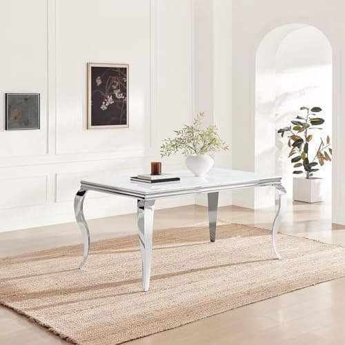 Image of Furniturebox UK Dining Room Furniture, Skye White Marble Effect 6 Seat Dinner Table, Bevelled Glass Top & Silver Stainless Steel Legs with Rococo Flair, Sleek Elegant Modern Rectangular Table