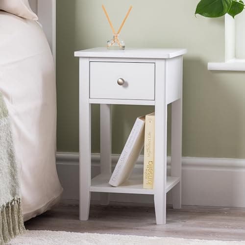 Image of CHRISTOW Slim White Bedside Table With Drawer & Shelf, Modern Narrow Bedroom Nightstand, Wooden MDF Side End Stand for Living Room Hallway Sofa, Brushed Chrome Handle (H57cm x W32cm x D32cm)