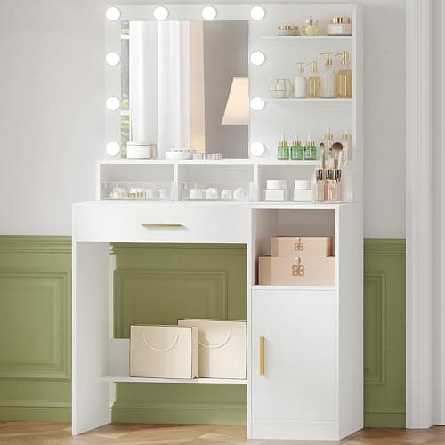 Image of Hzuaneri Dressing Table with Mirror and 10 Bulb Lights, Vanity Table, Makeup Vanity with 3 Shelves & 4 Open Compartments, Large Drawer & Cabinet, Adjustable Lighting Brightness, White VT08103XUK
