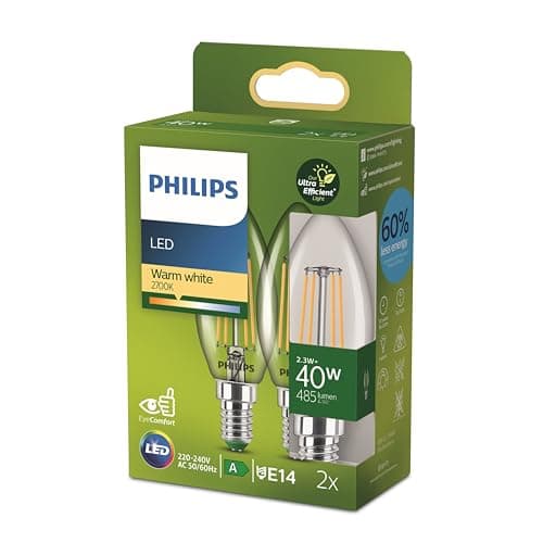 Image of Philips Classic Ultra-efficient LED Bulb with Energy Efficiency Class A, E14 Base, Replaces 40W, Clear, Warm White Light, Candle Shape, Pack of 2