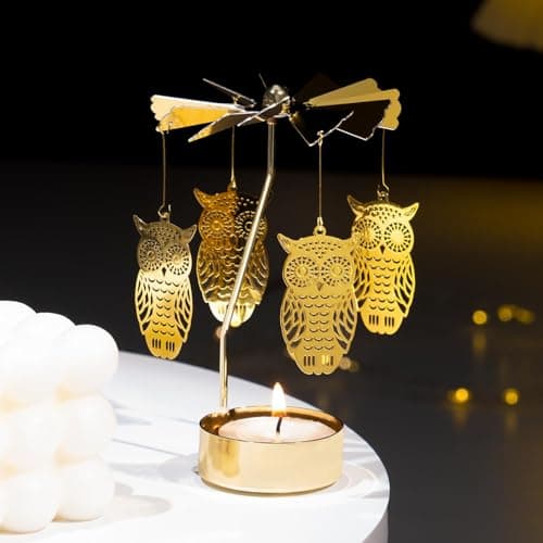 Image of Toptime Tea Light Candle Holders, Carousel Candle Holder Owls Themed, Romantic Metal Gold Candle Holders, Decorative Home Accessories Candle Spinner for Table Centerpiece, Christmas, Valentine's Day