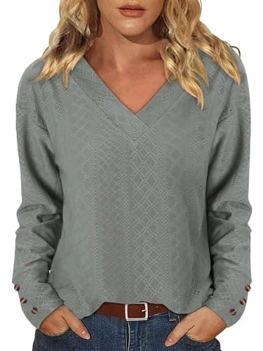 Image of Magritta Women's Tops Long Sleeves Oversized Jumpers Casual Ladies T Shirts V Neck Baggy Fall Pullover Going Out Button Vintage Blouse Grey XX-Large, 22-24