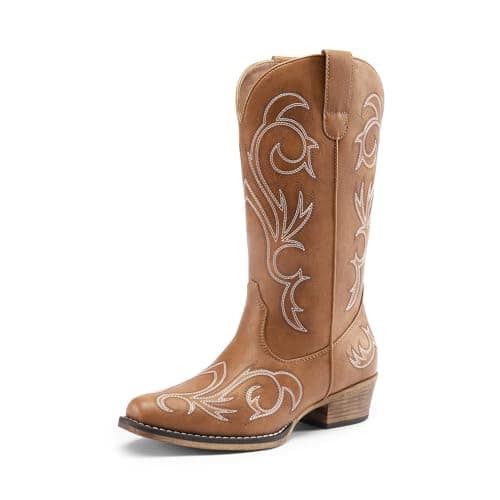 Image of DREAM PAIRS Women's Daily Slip-on Waterproof Mid-Calf Cowboy Boots, Comfortable and Stylish Western Boots for UK Ladies, Fashionable Boots for Parties and Proms,Size 5,Tan,SDMB2403W