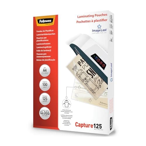 Image of Fellowes A4 Laminating Pouches, Gloss Finish, 100 Sheets, 250 Micron (2 x 125 Micron) Clear and Durable Laminating Pouch with Image Last Directional Mark - Ideal for Photos, Notices and Everyday Use