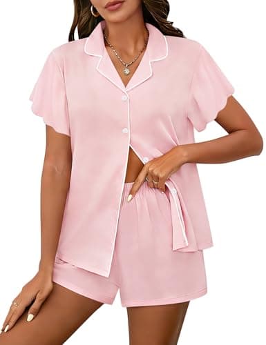 Image of SWOMOG Pyjama Sets for Women 2 Piece Short Sleeve Sleepwear Button Down Soft Pjs Ruffle Sleeve Lounge Sets with Pockets Pink Small