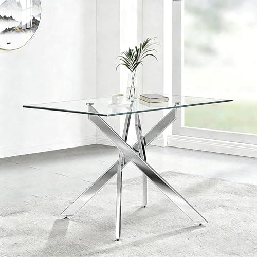 Image of GOLDFAN Tempered Glass Dining Table, Modern Rectangular Dining Table Kitchen Table with Chrome Leg for Home Office Lounge,120CM*70cm(Table Only)