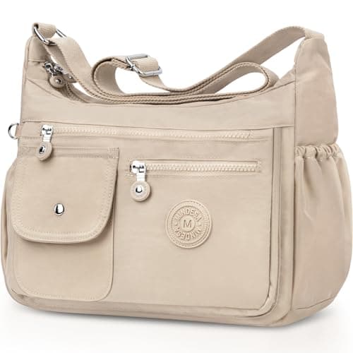 Image of BTNEEU Womens Shoulder Bag Multi Pockets Crossbody Bags for Women Travel Handbag with Adjustable Shoulder Strap Nylon Cross Body Bag Waterproof Messenger Bag for Shopping Hiking Travel (Beige)