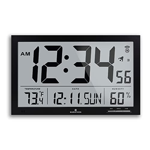 Image of MARATHON Slim Jumbo Atomic Wall Clock, Black - Large 15-Inch Display, AM/PM or 24-Hour Time Format, 4 Time Zones, Indoor Temperature & Humidity - Four AA Batteries Included