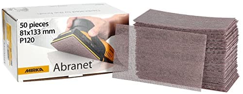 Image of Mirka Abranet net sandpaper strips 81x133 mm Hook & loop/Grit P120 / 50 pcs/for sanding wood, walls, metal, aluminium, stainless steel, filler, varnish, plastic / 5417805012