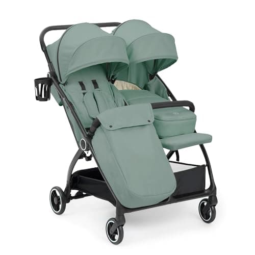 Image of Ickle Bubba Aries Double Prime Auto-Fold Stroller (Sage Green) – Lightweight 10.5kg Twin Pushchair, One-Hand Fold, Adjustable Seats, Raincover, Footwarmers, Cupholder & Organiser