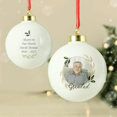 Image of Custom Personalised Photo Upload Memorial Ceramic Christmas Tree Bauble with any photo or message. Perfect for Christmas or memorial