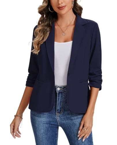 Image of MINTLIMIT Business Jackets for Women Casual Dressy Blazer Ruched 3/4 Sleeve Notched Lapel Front Lined (Navy XL)