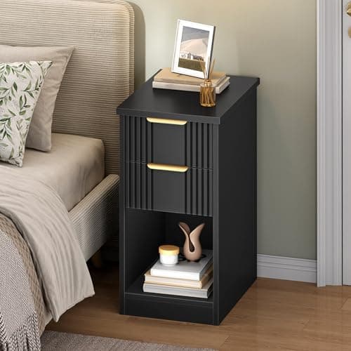 Image of HOOBRO Narrow Bedside Table with 2 Drawers, 48 x 30 x 60 cm, Slim Bedside Cabinet, Slim Sofa Side Table, End Table for Small Space, Bedroom, Living Room, Black and Gold EBK248BZ01