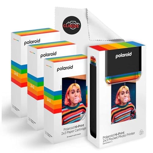 Image of Clikoze Portable Instant Photo Printer Bundle with Polaroid Hi-Print Generation 2 2x3 Pocket Photo Printer, Polaroid Paper Cartridge 60 Sheets Camera Lens Cloth (Black)