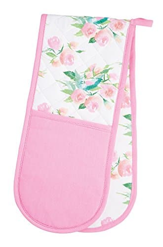 Image of KitchenCraft 1% Cotton 'Rose' Floral Double Oven Gloves, 86 x 18 cm (34" x 7") - Pink / White