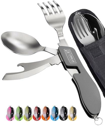 Image of ORBLUE 4-in-1 Camping Cutlery Set 2-Pack – Stainless Steel Foldable Spoon Fork Knife Bottle Opener with Pouch – Portable Travel Cutlery & Camping Utensils for Hiking & Outdoor Use – Gray