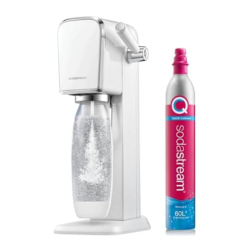 Image of Art Sparkling Water Maker, Sparkling Water Machine & 1 L Fizzy Water Bottle, Retro Drinks Maker w. BPA-Free Water Bottle & INCLUDES 60 L Co2 Gas, Safe Home Carbonated Water & Quick Connect - White