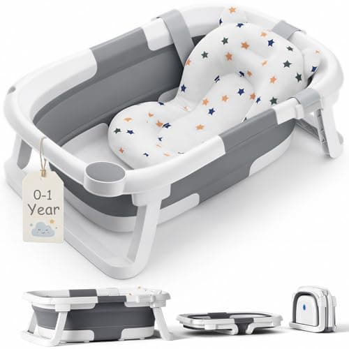Image of DEANIC Baby Bath Tub for 0-6-12 Months Newborn, Foldable Toddler Bath with Soft Cushion Pad, Portable Baby Bathtub Travel Save Space (Grey)