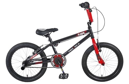 Image of Zombie Plague Kids 18" BMX Bike | Boys Girls Freestyle BMX Bicycle with 360 Bar Spin & Stunt Pegs | Black/Red | Ages 7+