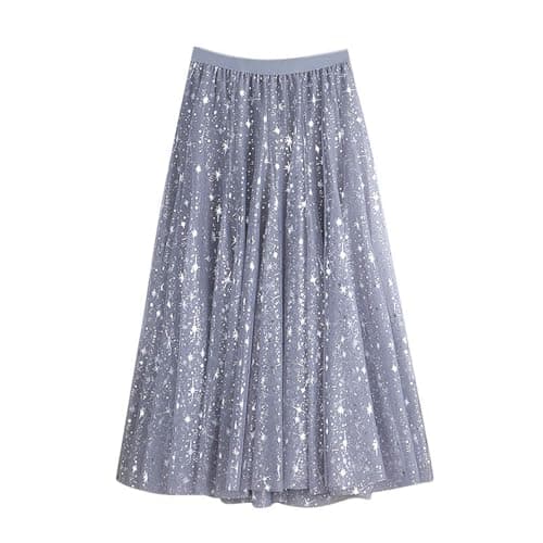 Image of Sparkly Skirts for Women - Starry Skirt With Sequins ’S High Waist Long A Line Midi Skirt Elegant Sheer Maxi Dress for Party and Evening Wear (Grey A)