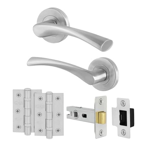 Image of EAI Satin Door Handle Latch Set, 1 Pair of Internal on Rose Satin Nickel Handles, Latch (64mm) Hinges (76mm) - Novoli