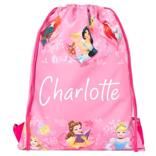 Image of Disney Princesses Personalised Drawstring Bag for Kids PE Bag - Kids School Bag - Personalised Gift For Girls - Swimming Bag For Girls Pink