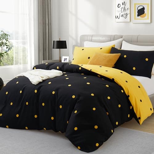 Image of Hafaa Double Duvet Set Soft Printed Bedding Set Brushed Microfiber Duvet Cover with Pillowcases (Black and Yellow Dotted 200x200 CM)
