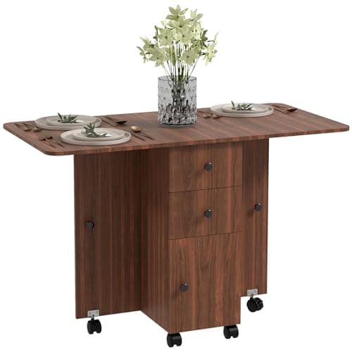 Image of HOMCOM 60-120 cm Folding Dining Table for 4-6, Rolling Drop Leaf Table on Wheels with Storage Drawers, Cabinet and Open Shelf for Small Spaces, Kitchen, Dining Room, Flat, Distressed Brown
