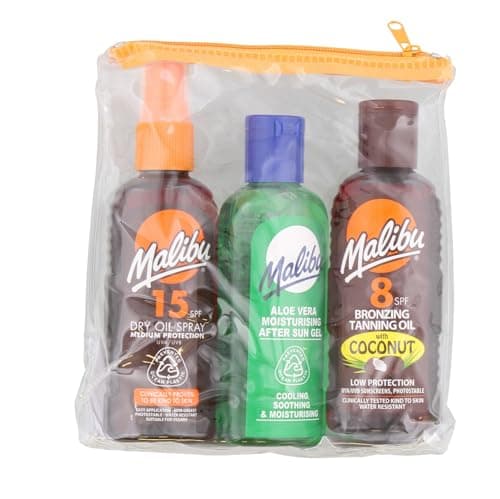 Image of Malibu Sun Travel Tanning Essentials with SPF 15 Dry Oil Spray, SPF 8 Bronzing Oil & After Sun Gel, Holiday Tanning & After Sun Care Set, Water Resistant, Multipack, 3 x 100ml
