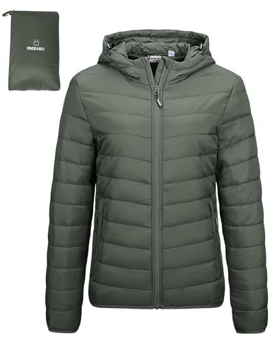 Image of Outdoor Ventures Women's Winter Lightweight Puffer Jacket with Hood, Warm, Short, Packable, Quilted, Transitional, Padded Jacket for Ladies, Lined for Hiking, Travel Army Green L