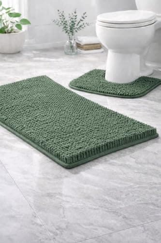 Image of Artistic Fashionista Limited 2 Piece Shaggy Chenille Loop Bath Mat Set – Ultra Soft, Non Slip & Highly Absorbent Bathroom Rugs – Anti Mould Plush Pedestal & Toilet Mat for Shower & Bath (Sage Green)