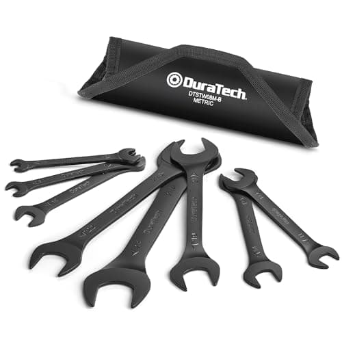 Image of DURATECH 8-Piece Double Open End Spanner Set 5.5 mm-27 mm, Super-Thin Open Ended Flat Wrench Set for Narrow Space, Metric, Durable Black Coating, with Roll-up Pouch