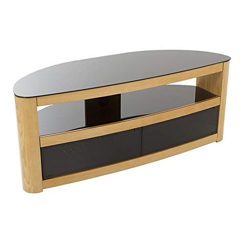 Image of AVF Curved Wood TV Stand - Burghley Affinity 1250mm Floorstand Unit Upto 65" & 60Kg Max TV Weight, Oak With Black Glass, Open & Closed Storage