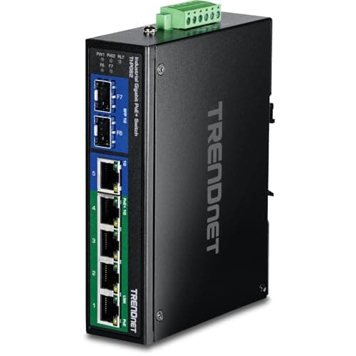 Image of TRENDnet TI-PG62 6-Port Hardened Industrial Gigabit PoE+ DIN-Rail Switch, 4 x Gigabit PoE+ Ports, 1 x Shared Gigabit Port (RJ-45/SFP), 1 x Dedicated SFP, 120 W Power Budget