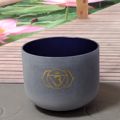 Image of Frosted Colored Chkara Design 432Hz A Third Eye Chakra Quartz Crystal Singing Bowl 8 inch