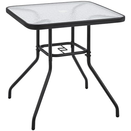 Image of Yaheetech Garden Dining Table with Umbrella Hole, Square Tempered Glass Top Bistro Table with Metal Frame, Outdoor Furniture for Balcony Patio Backyard, 70x70cm, Balcony, Black