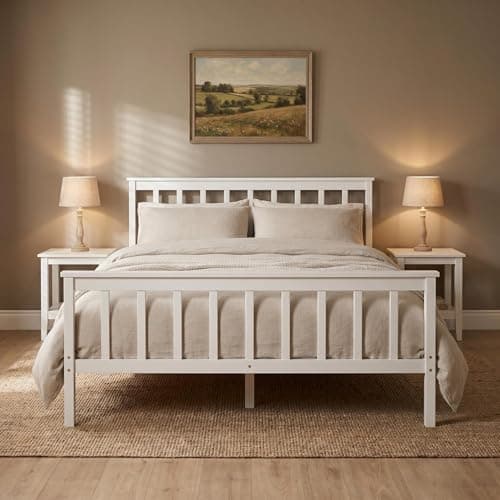 Image of Panana 4.6FT Double Bed Solid Wood Bed Frame Wooden For Adults, Kids, Teenagers (White)