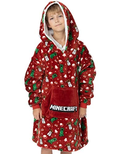 Image of Minecraft Xmas Oversized Blanket Hoodie Kids | Boys Girls Creeper TNT Explosive Snowman Double Lined Sherpa Fleece Festive Sweater | One Size Big Pocket Red
