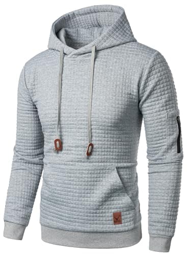 Image of HOOD CREW Men’s Long Sleeve Pullover Hooded Jacquard Sweatshirt Plaid Hoodie with Pocket Lightgrey