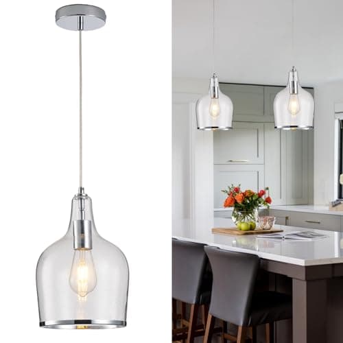Image of HARPER LIVING Chrome Pendant Light, Ceiling Lamp with Bubbles Glass Shade, Adjustable Drop (45-150cm), E27 Industrial Hanging Lighting for Kitchen Island Dining Room Hallway