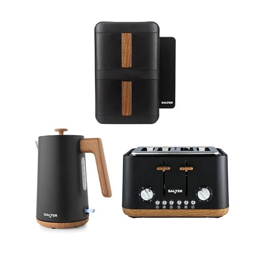 Image of Salter Toronto Kettle, Toaster & Air Fryer – 1.7L Rapid Boil 3kW Kettle, 4-Slice Toaster with 6 Browning Levels, VertiCook Ultra Stackable 9 Litre Air Fryer, Cook on 4 Levels, 2 x 4.5L Baskets, Black