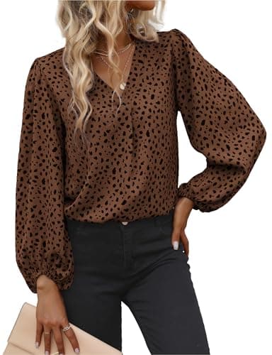 Image of TELULYOO Long Sleeve Blouses for Women Leopard Print Chiffon Tops V Neck Fashion Business Shirts Dressy Casual Office Tunic Brown