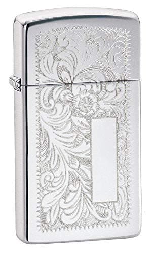 Image of Zippo Windproof Lighter - Venetian - High Polish Chrome - Slim Case - Refillable, Lifetime Use - Adjustable Flame - Gift Box - Metal Construction - Made in USA