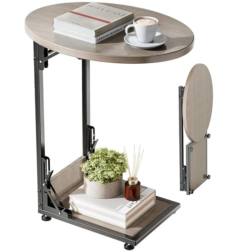 Image of Mutool C Shaped End Table, Foldable Side Table, Round Sofa Table with Metal Frame, Small Coffee Table for Living Room Bedroom Office, Oak Grey