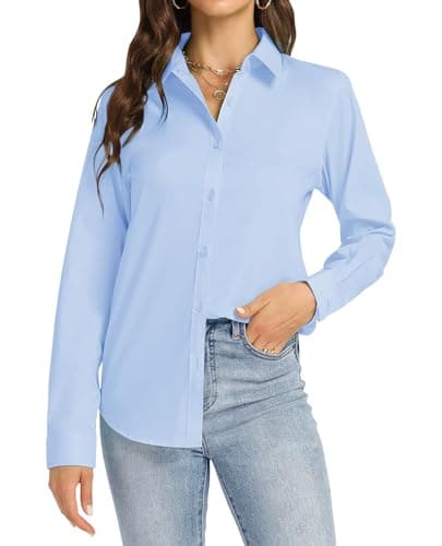 Image of J.VER Womens Shirts Long Sleeve Cotton Dress Shirt Fashion Stretch Regual Fit Business Casual Tops Work Office Executive Plain Ladies Blouse Blue L