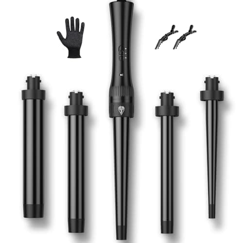 Image of Hair Curling Wand Iron Tongs with Anti-Scald Head, 5 in 1 Hair Curler for Long Hair 10mm-32mm with 2 Crocodile Clips 1 Anti-Scald Silicone Gloves, PTC Ceramic LCD 180°C & 210°C