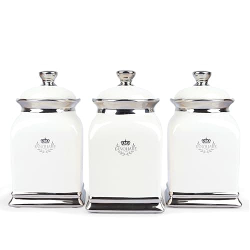 Image of fanquare 3 Pieces Ceramic Tea Coffee Sugar Canisters, Off White Storage Jars with Lids, Food Storage Canisters for Home Kitchen Counter Large Capacity 930ml